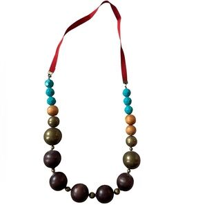 Colorful Chunky Beaded Statement Necklace with Ribbon Tie